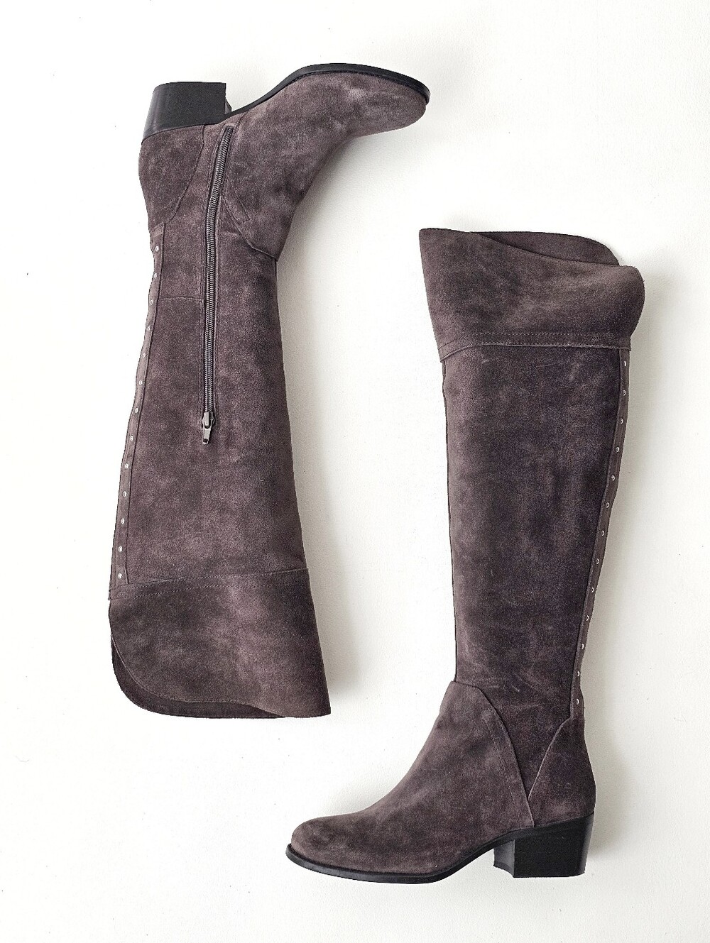 Vince Camuto Gray Taupe Suede Over-the-Knee Boots Studded Detail Size 7W